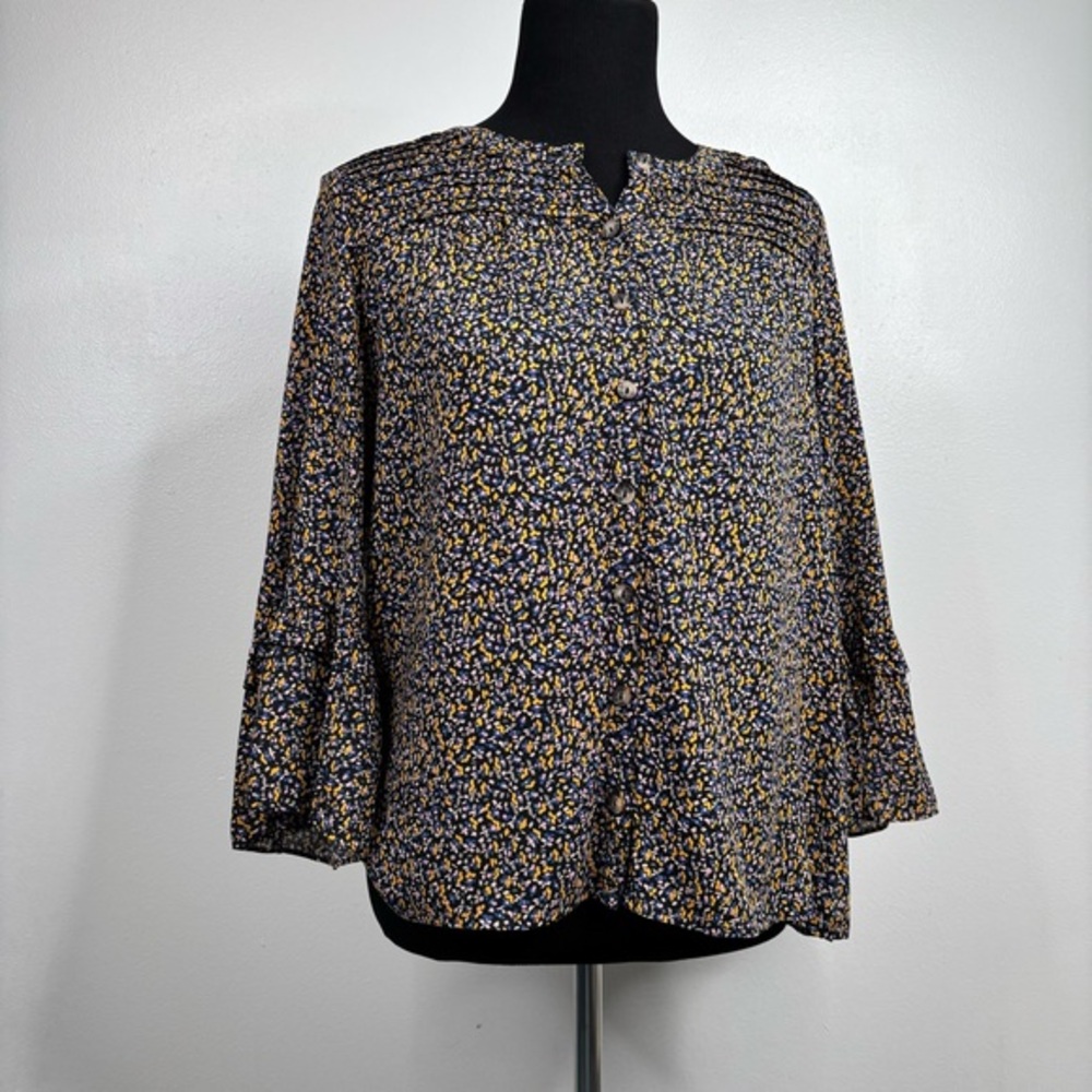 Anthropologie Navy Black Floral Button-Front Blouse